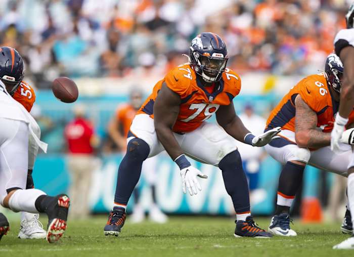Sep 19, 2021; Jacksonville, Florida, USA; Denver Broncos center Lloyd Cushenberry III (79) against the Jacksonville Jaguars at TIAA Bank Field.
